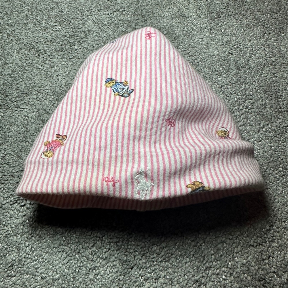 Ralph Lauren Polo Bear Beanie Girls 3-9M Pink Stripe Cotton Hat